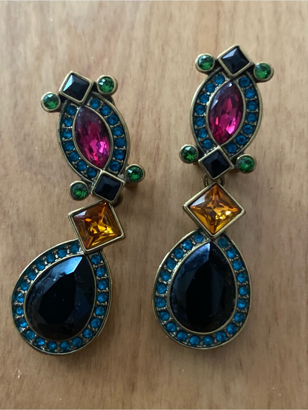 Heidi Daus Multicolor Crystal Drop Earrings — Blue, Pink, Green, Amber